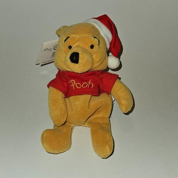VTG Winnie the Pooh Bean Bag Plush Red Santa Hat Christmas 8" Disney Store w/TAG - Picture 1 of 9